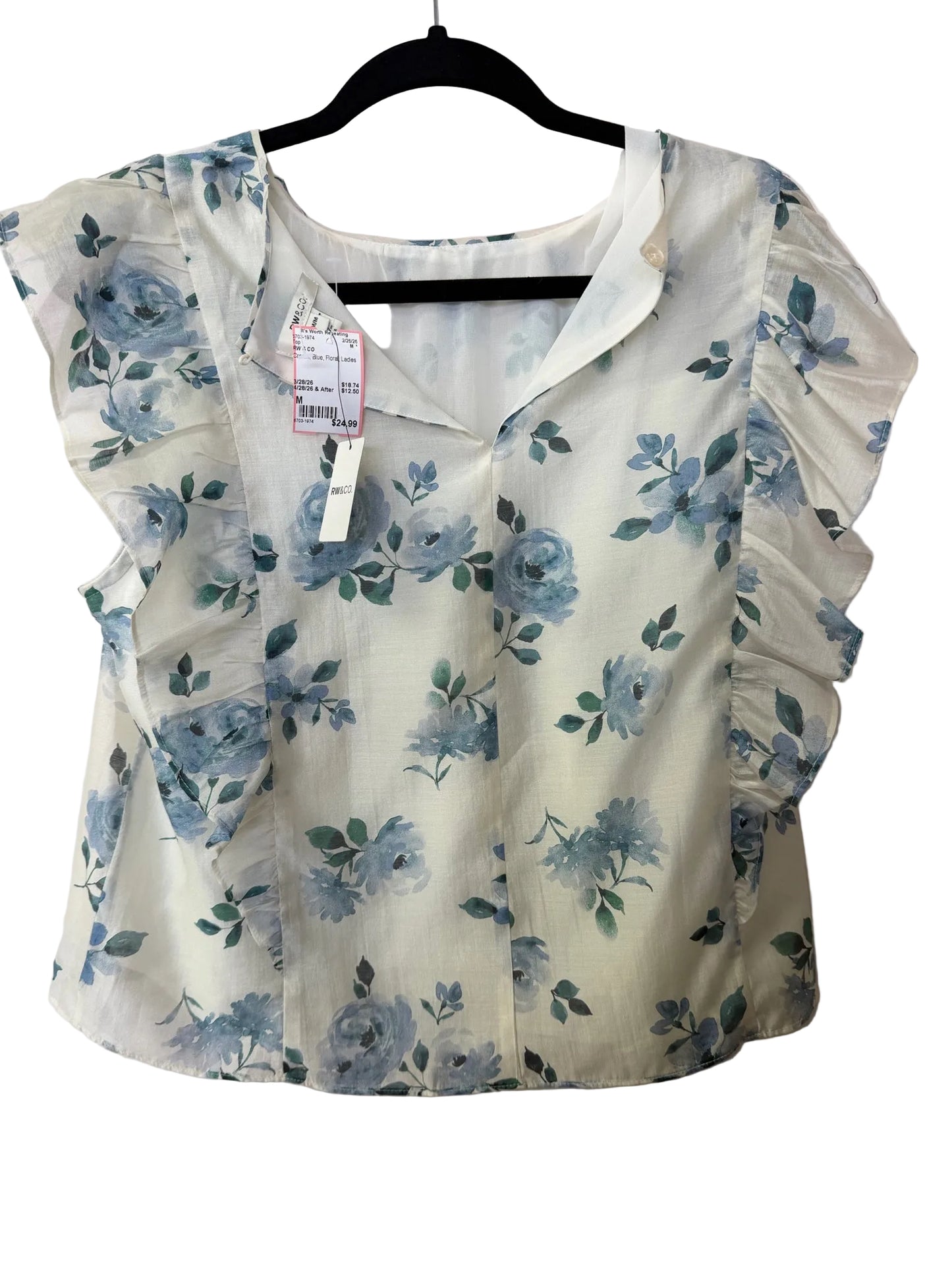 Size M RW & CO Cream Blue Floral Ladies Top