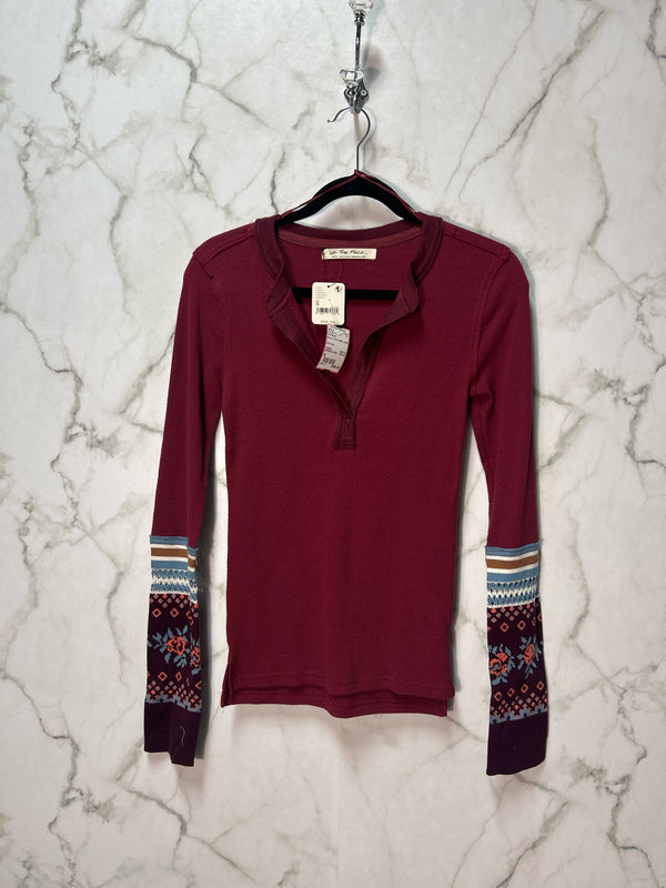 Size S Free People Maroon Multi Waffle Ladies Long Slvd Top