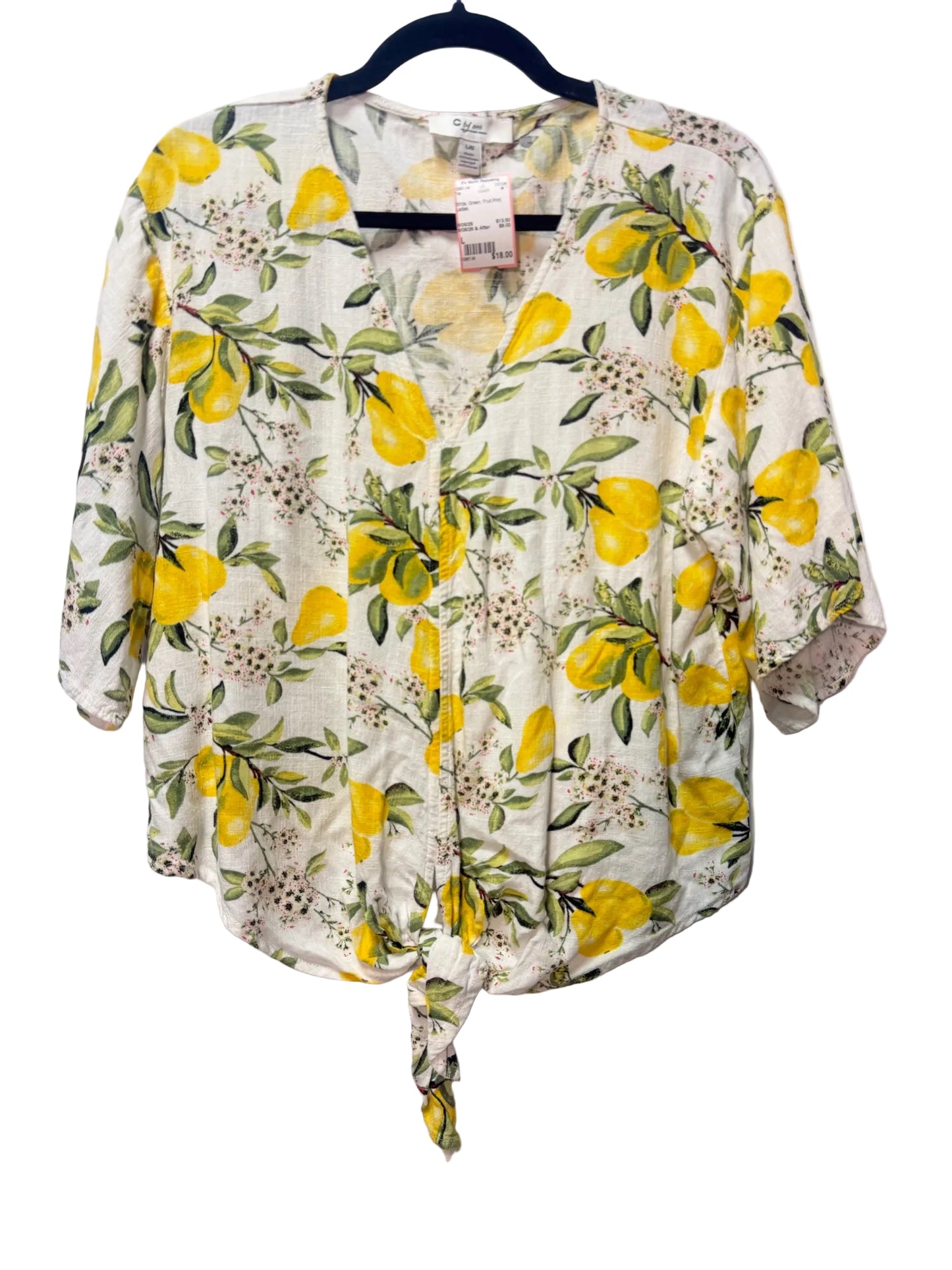 Size L White Green Fruit Print Ladies Top