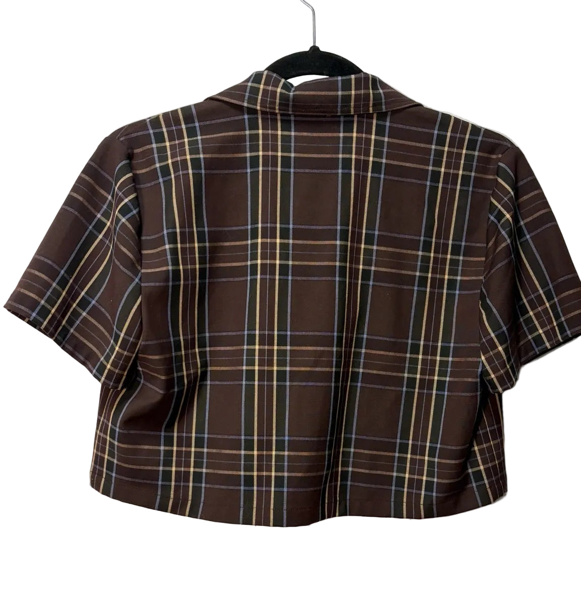 Size S Sunday Best Brown Print Blue Plaid Ladies Top