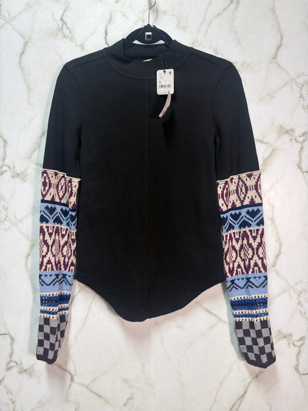 Size M Free People Black Multi Waffle Ladies Long Slvd Top