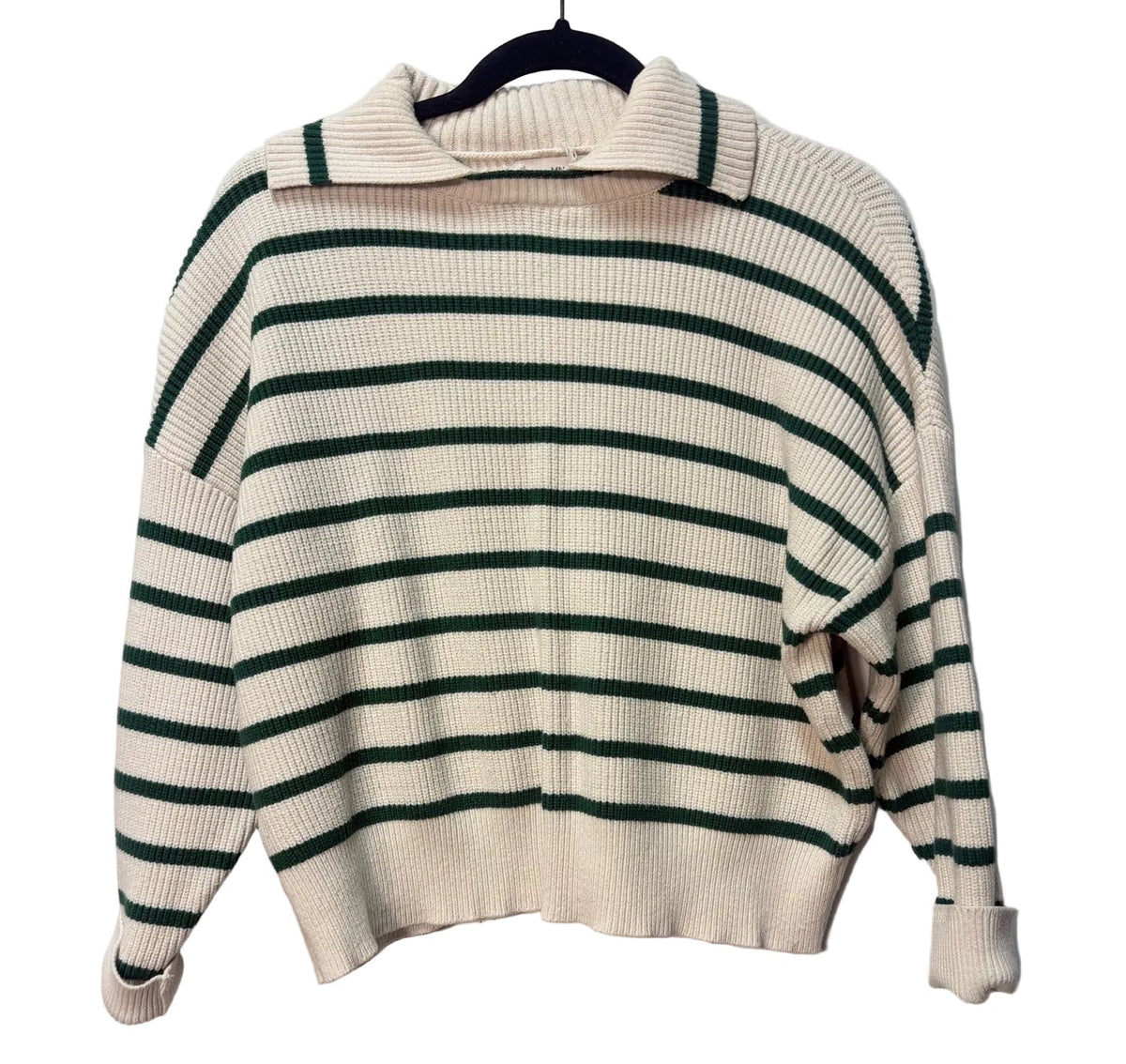 Size S MNG White Green Stripe Ladies Sweater