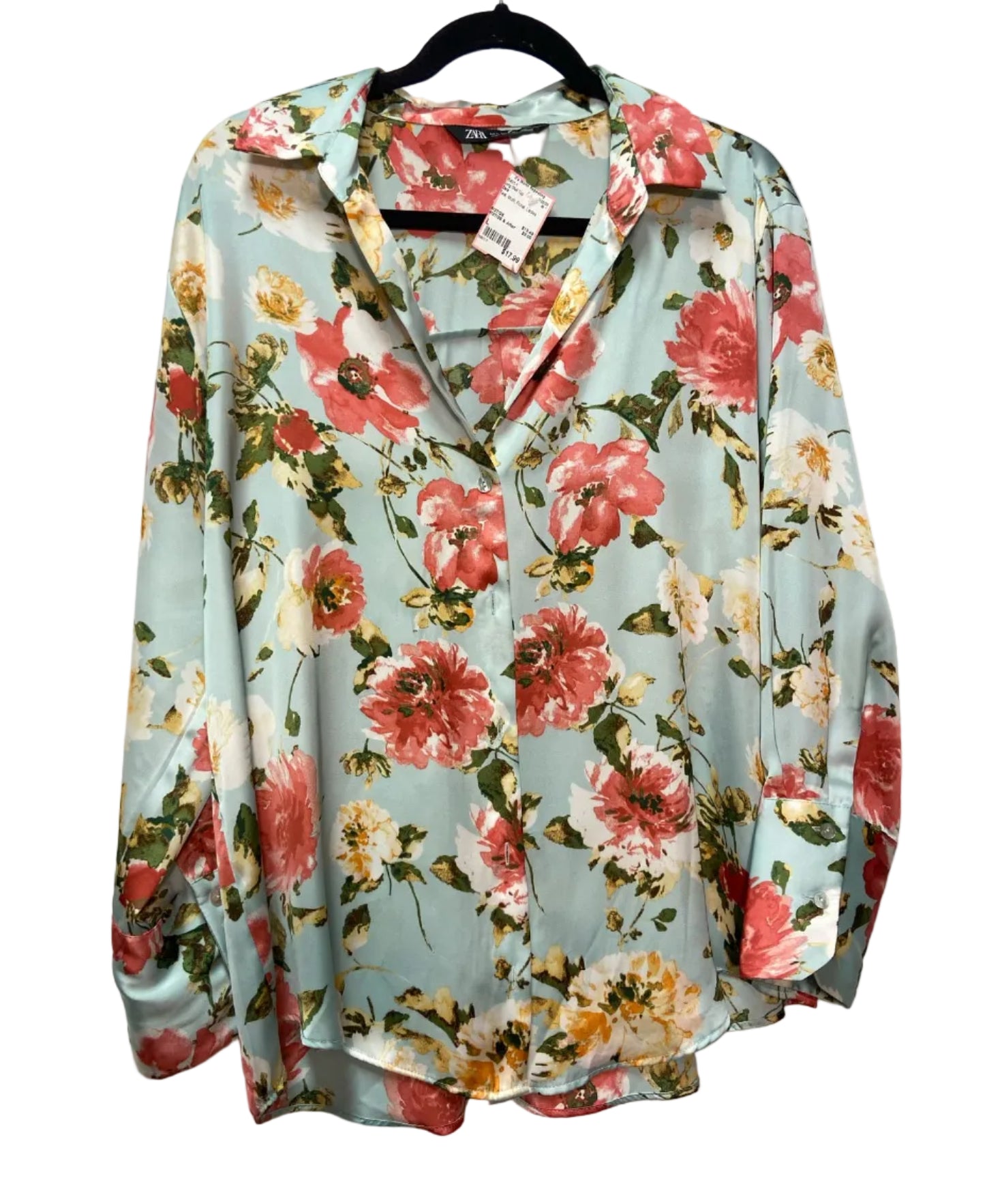 Size L Zara Teal Multi Floral Ladies Long Slvd Top