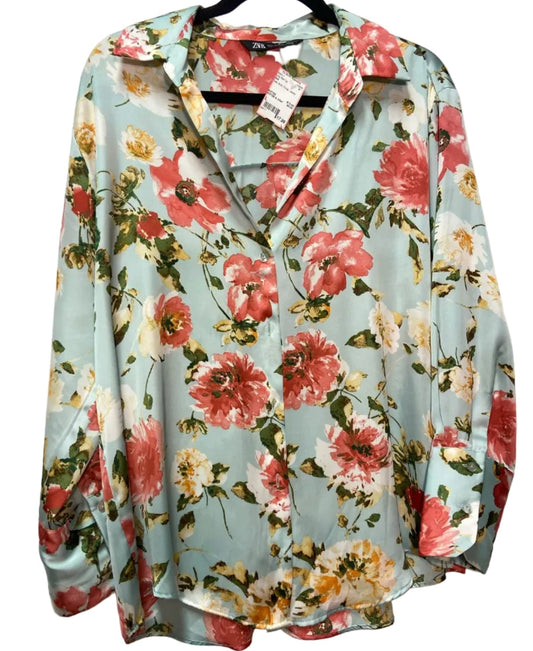 Size L Zara Teal Multi Floral Ladies Long Slvd Top