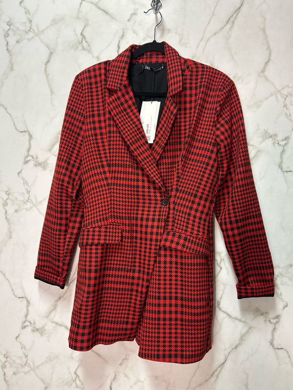 Size L Zara Red Black Houndstooth Ladies Blazer