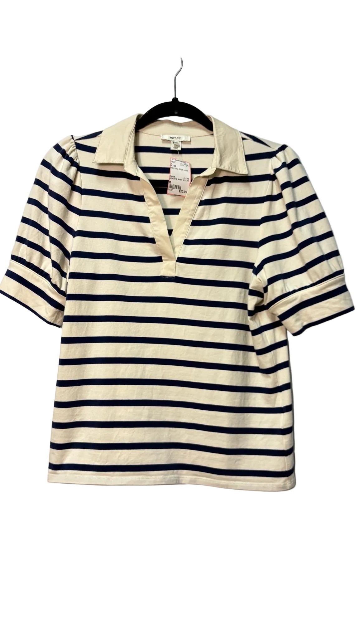 Size M RW & CO White Navy Stripe Ladies Top