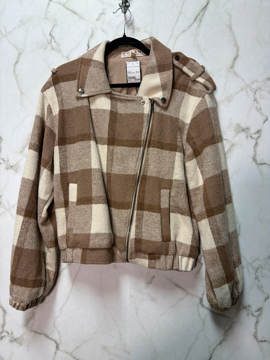 Size L Brown Cream Plaid Ladies Coat