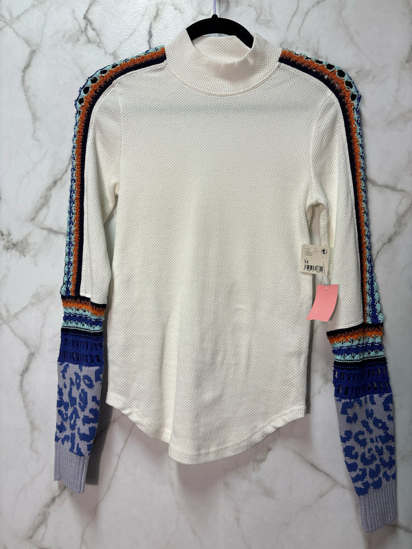 Size M Free People White Multi Waffle Ladies Long Slvd Top