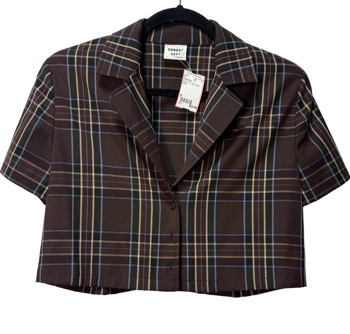 Size S Sunday Best Brown Print Blue Plaid Ladies Top