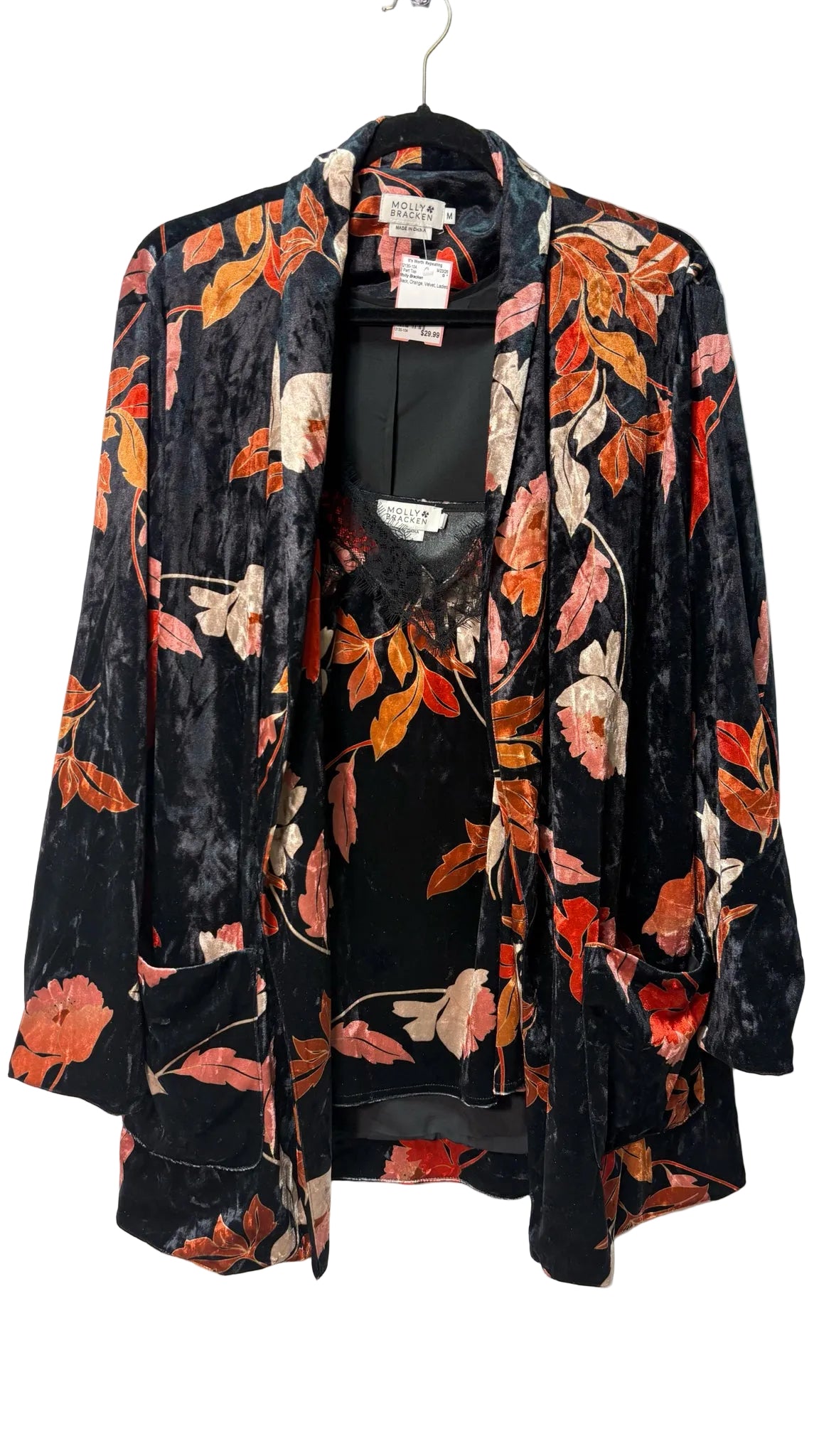 Size M Molly Bracken Black Orange Velvet Ladies 2 Part Top