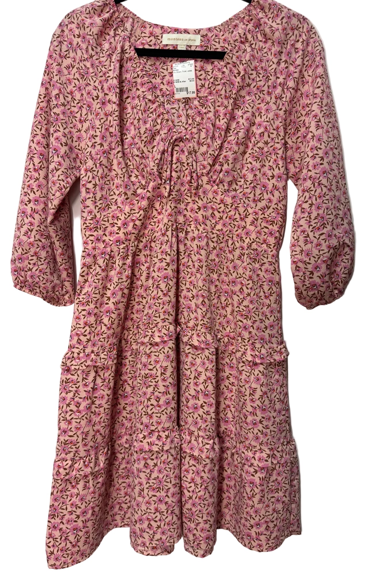 Size L Monteau Pink Brown Floral Ladies Dress