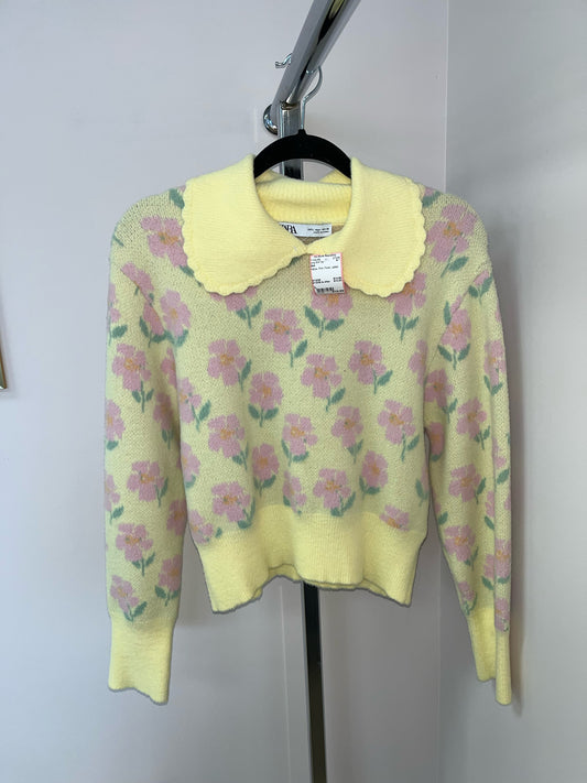 Size L Zara Yellow Pink Floral Ladies Long Slvd Top
