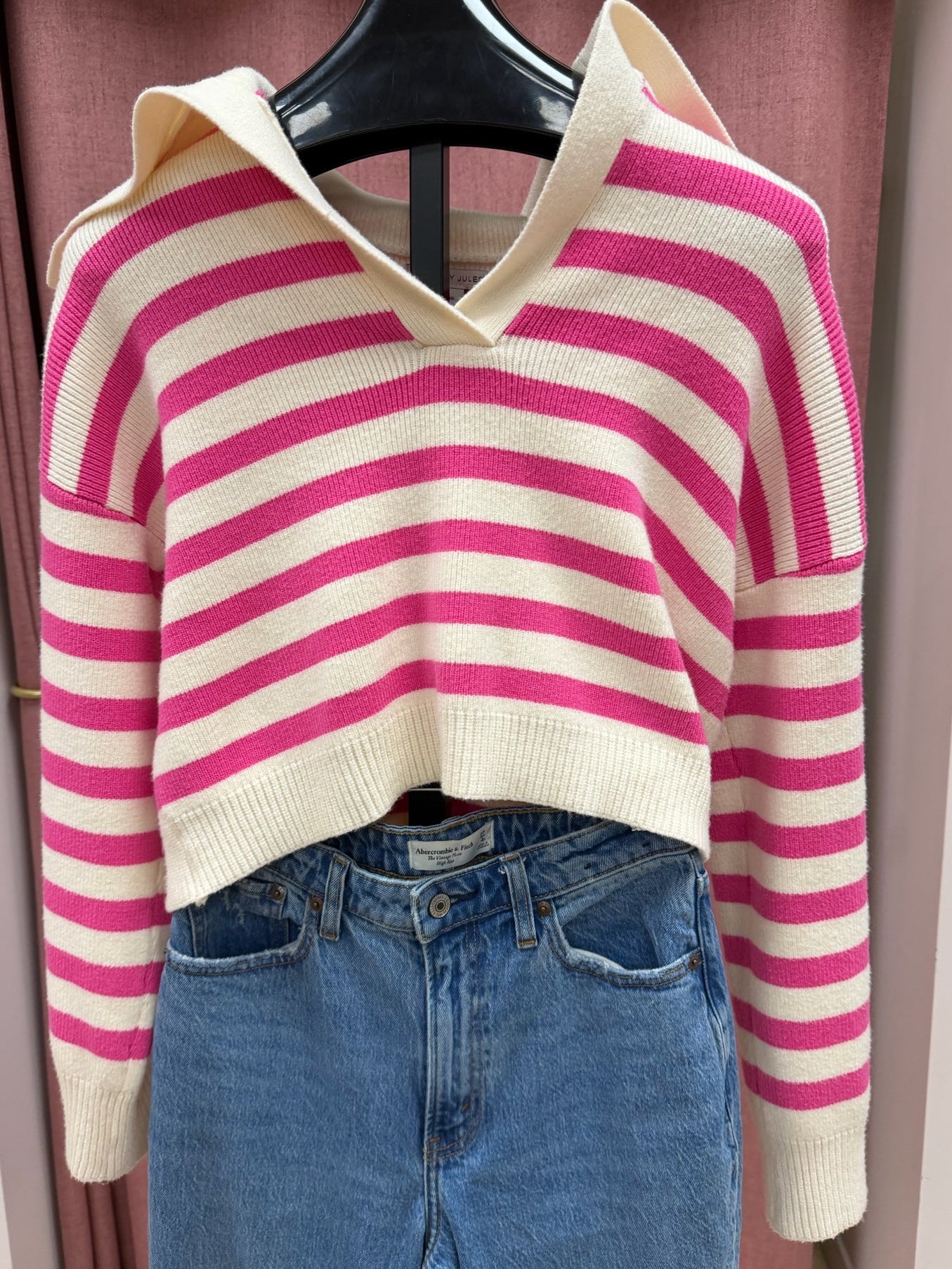 Size XL Pink Cream Stripe Ladies Sweater